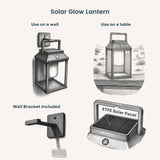 Illustration of a solar glow lantern with uses on a wall and table, and a wall bracket included.