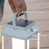 Closeup of the ETFE solar panel and on/off button on the Solar Glow Lantern