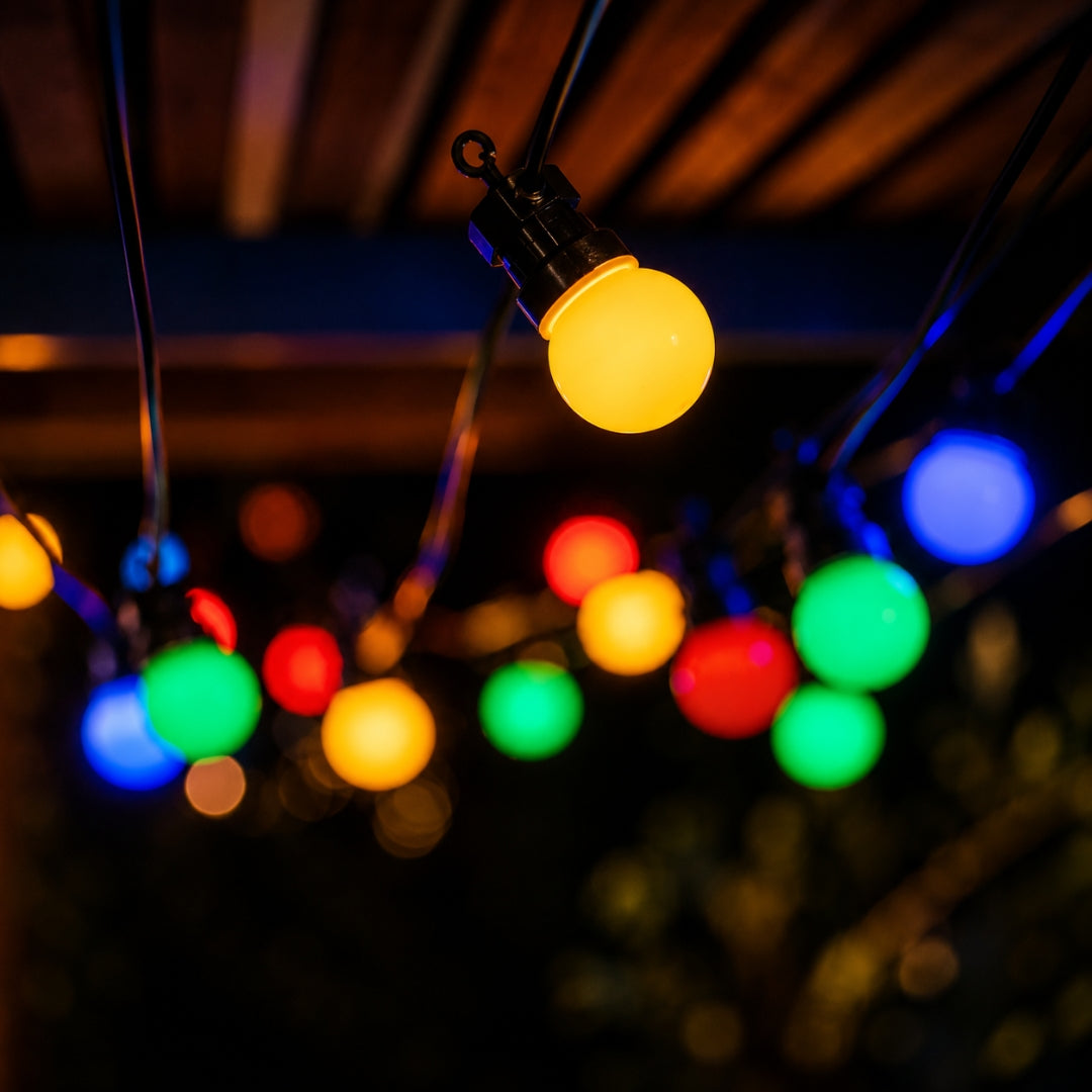 String of colourful lights with a blurred background
