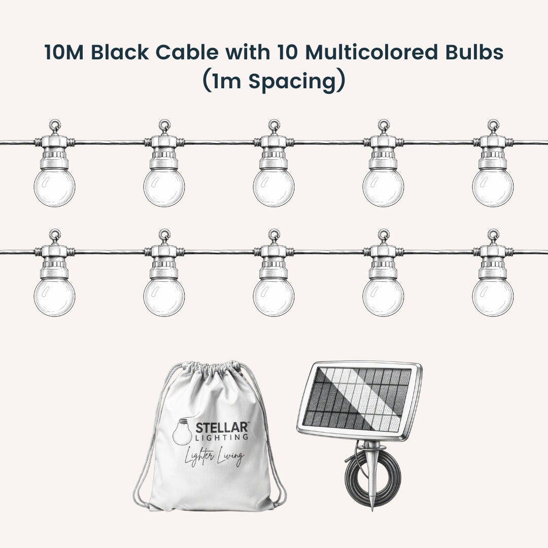 Black cable with multicoloured bulbs and solar panel with Stellar Lighting branding.