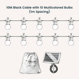 Black cable with multicoloured bulbs and solar panel with Stellar Lighting branding.