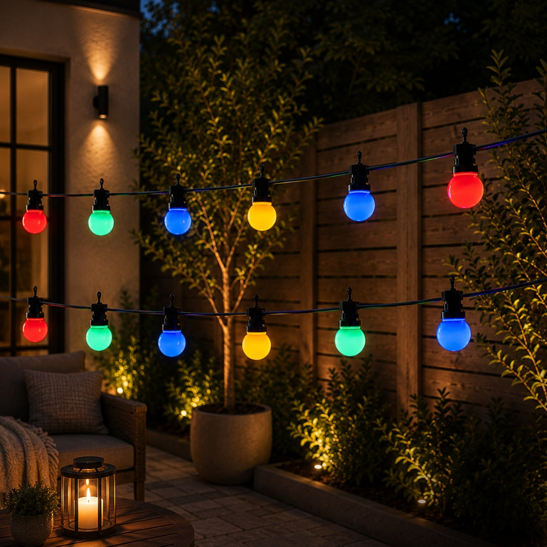 String lights with colourful bulbs in a garden setting