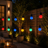 String lights with colourful bulbs in a garden setting
