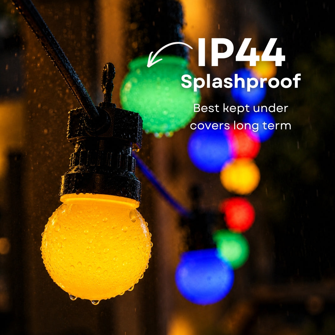 String lights with IP44 splashproof feature, showing water droplets on bulbs.