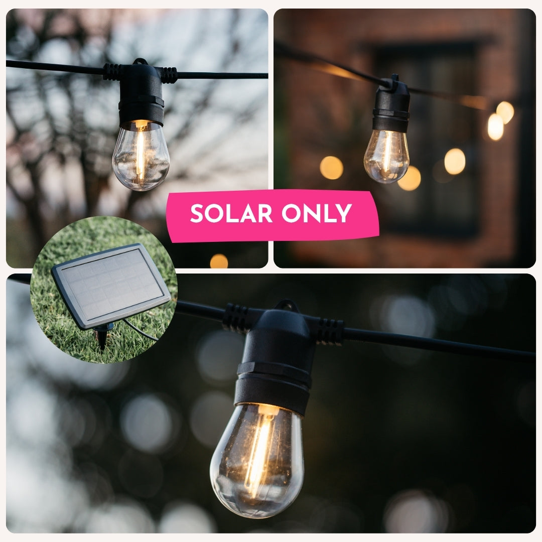 Solar-powered outdoor string lights with a close-up of the solar panel.