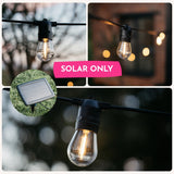 Solar-powered outdoor string lights with a close-up of the solar panel.