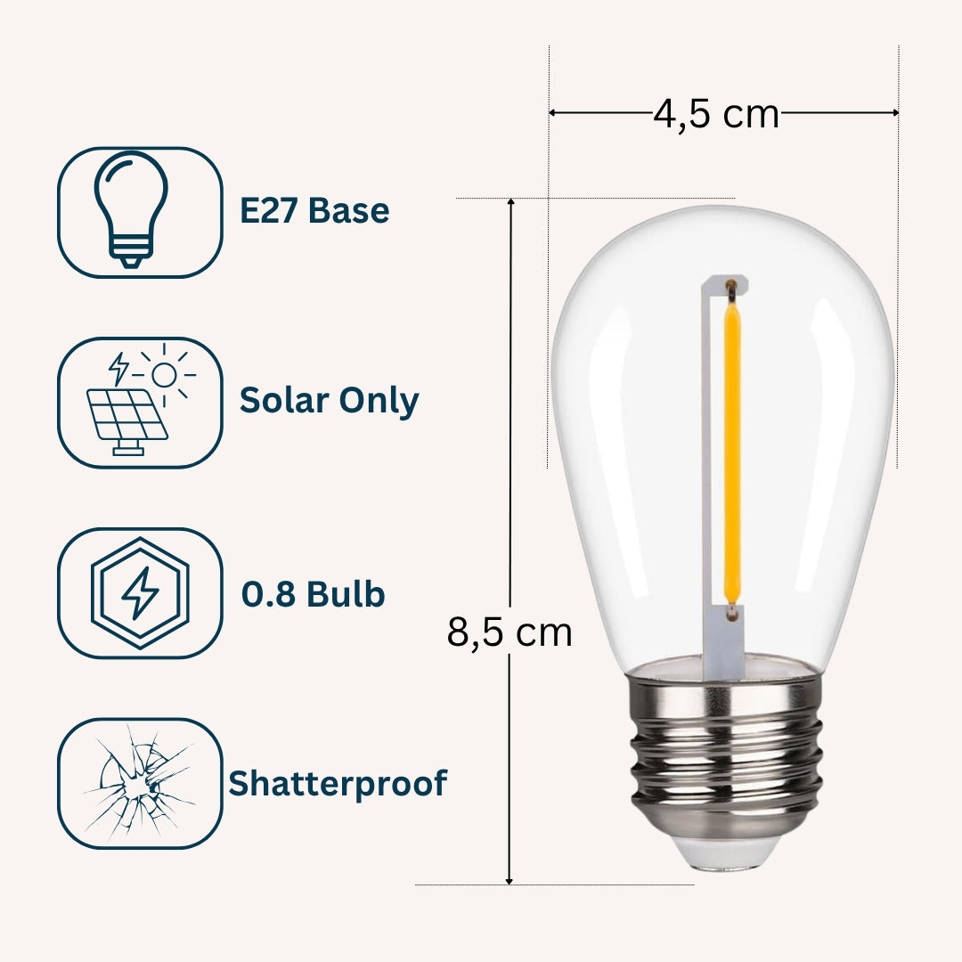 Solar LED S14 bulb with dimensions and features on a white background with E27 Base