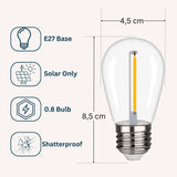Solar LED S14 bulb with dimensions and features on a white background with E27 Base