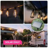 Collage of solar ST38 vintage LED replacement bulbs in outdoor string light settings with solar only callout