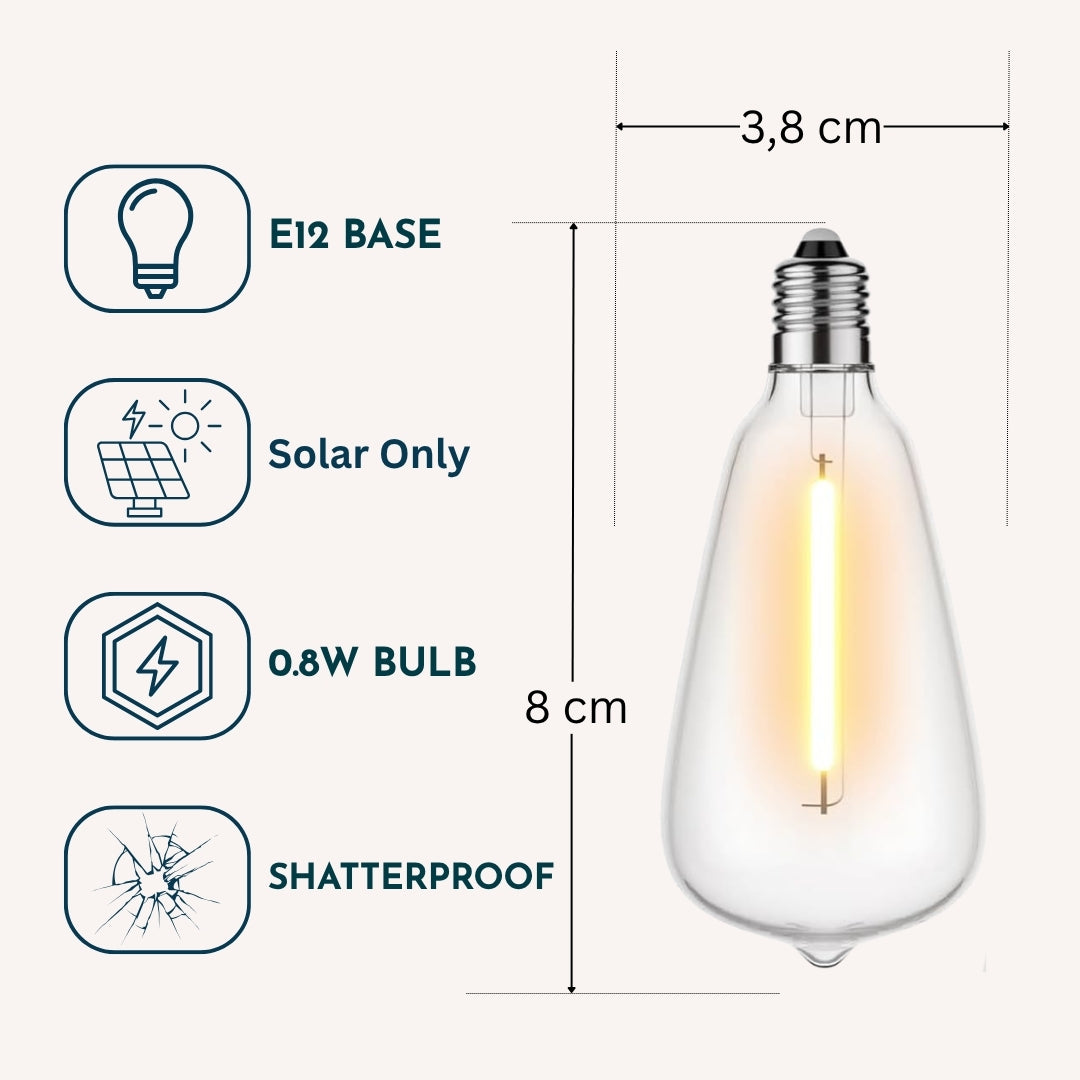 Spec graphic for solar ST38 vintage LED replacement bulb showing E12 base, 30000 hour lifespan, 0.8W wattage, shatterproof build, and bulb dimensions