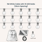 Product diagram showing 5m white cable with 16 G40 bulbs at 30cm spacing, solar panel, Stellar travel bag, and 1 spare bulb included