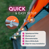 Quick and easy setup infographic for solar string lights showing IP44 splashproof, shatterproof, dimmable, warm white, and clips for easy installation