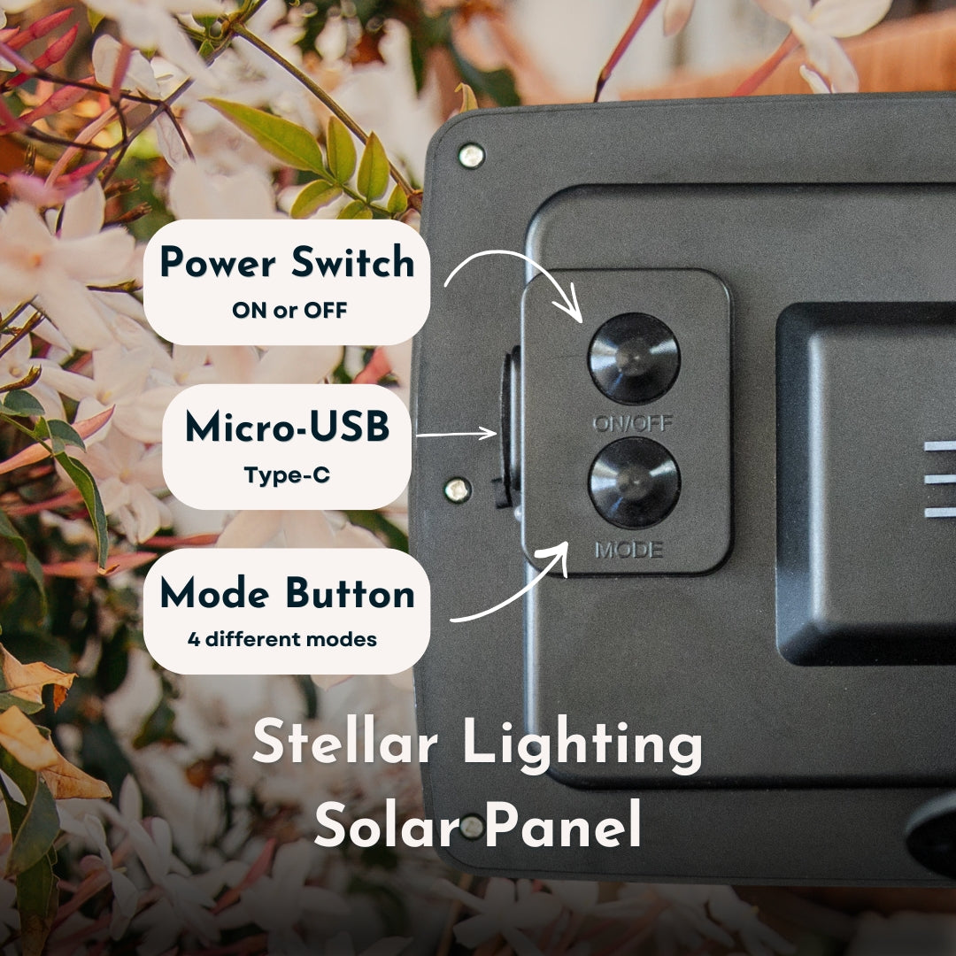 Close-up of Stellar Lighting solar panel showing power switch, USB-C charging port, and 4 mode button controls
