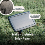 Stellar Lighting solar panel staked into grass showing weatherproof rating and up to 16 hours run time on 4400mAh battery