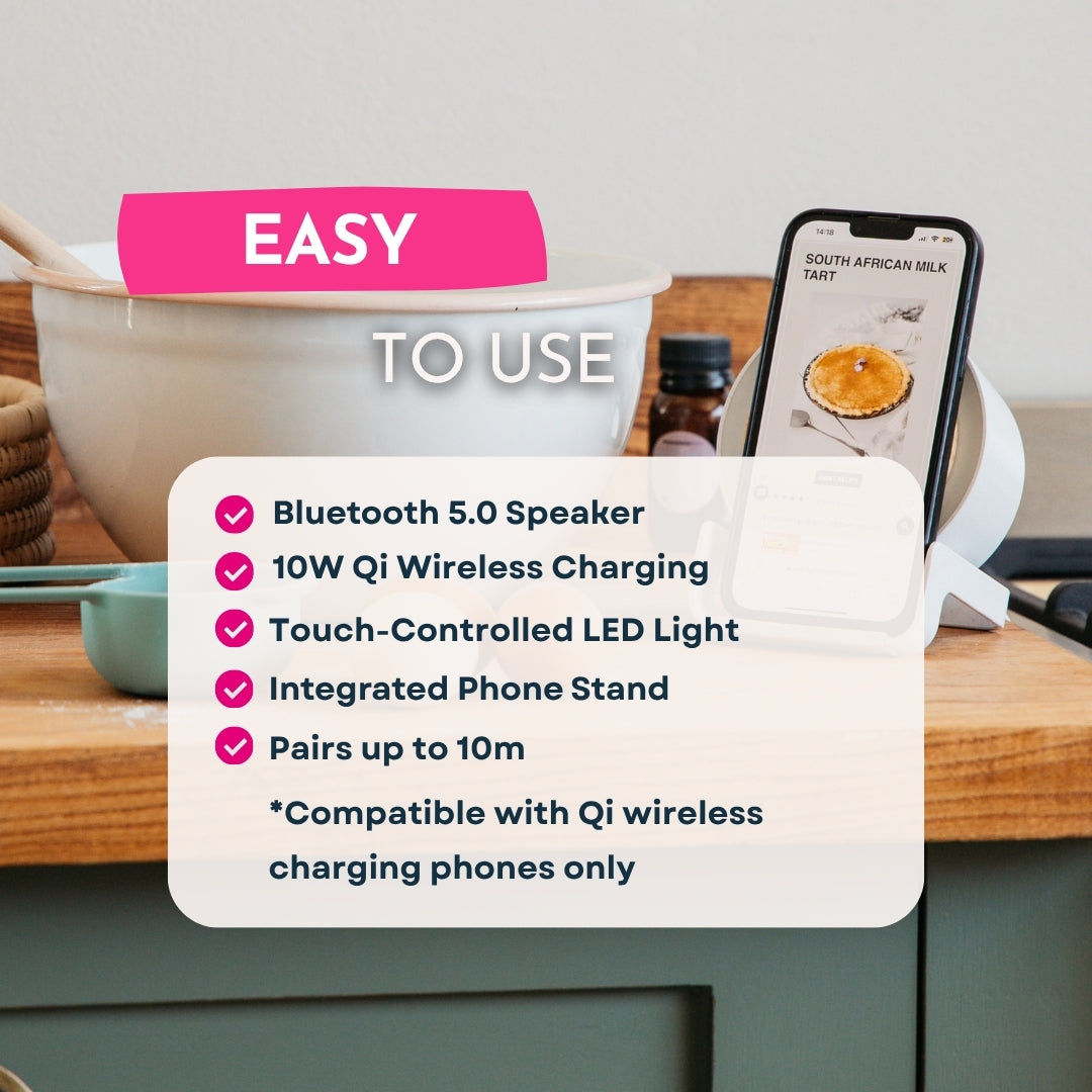 Feature graphic listing speaker wireless charger functions including Bluetooth 5.0 speaker, 10W Qi wireless charging, touch LED light, integrated phone stand, and 10m pairing range