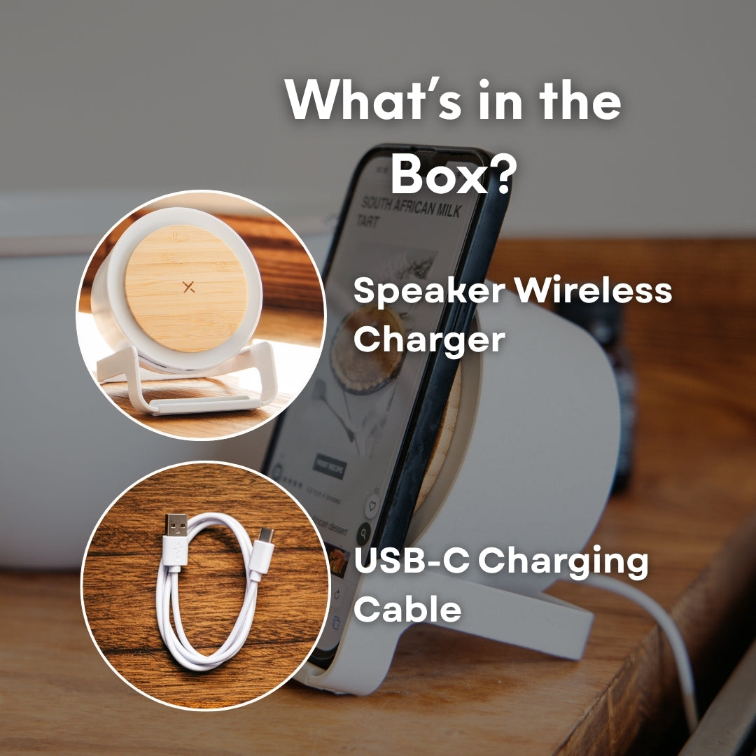 What's in the box graphic for bamboo speaker wireless charger showing the unit and USB-C charging cable included