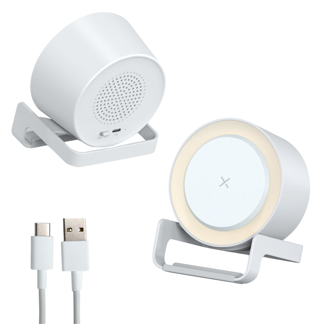 White speaker wireless charger showing front LED ring view, rear speaker grille, and included USB-A to USB-C cable