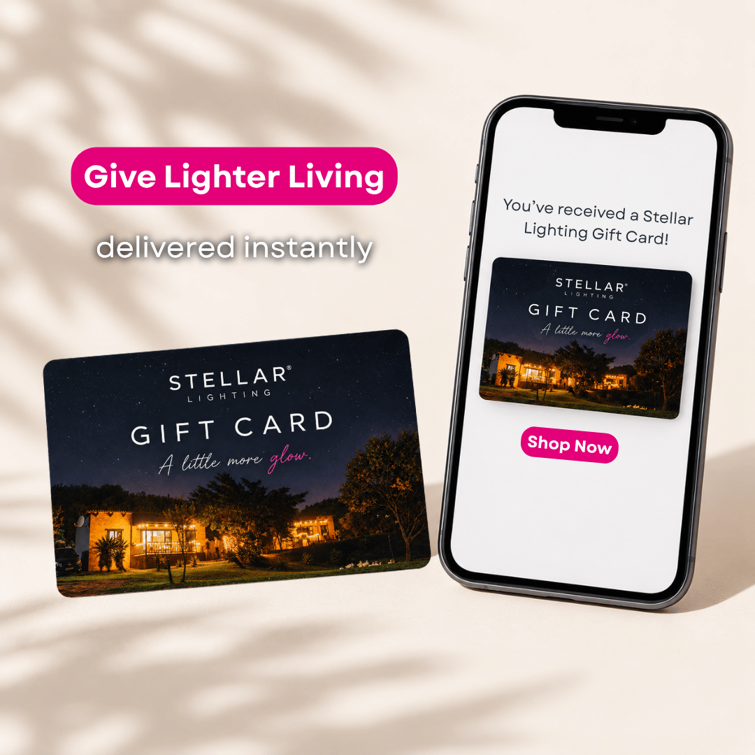 Stellar Lighting Gift Card shown arriving on a phone screen after being received via email