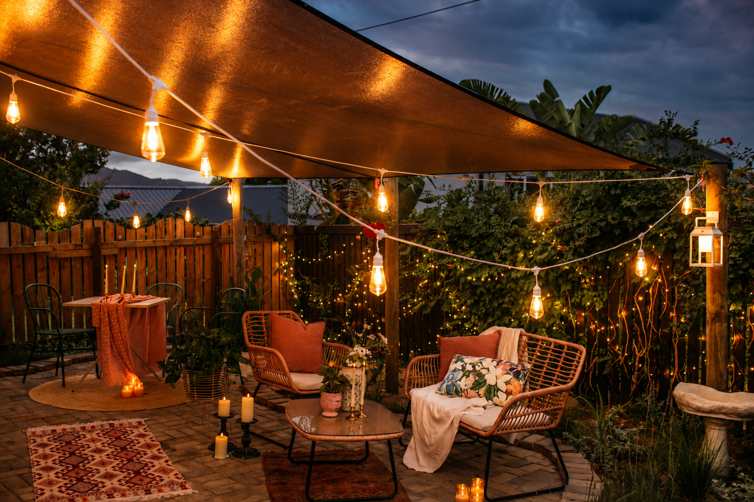 Styled South African outdoor patio at dusk showing layered lighting with warm white festoon string lights strung beneath a shade sail, fairy lights woven through hedges, pillar candles at ground level, and a white lantern on a wooden post