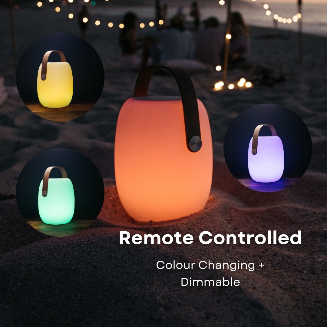 Bluetooth Speaker Lantern shown with remote control and callouts for dimmable brightness and RGB colour changing modes