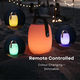 Bluetooth Speaker Lantern shown with remote control and callouts for dimmable brightness and RGB colour changing modes