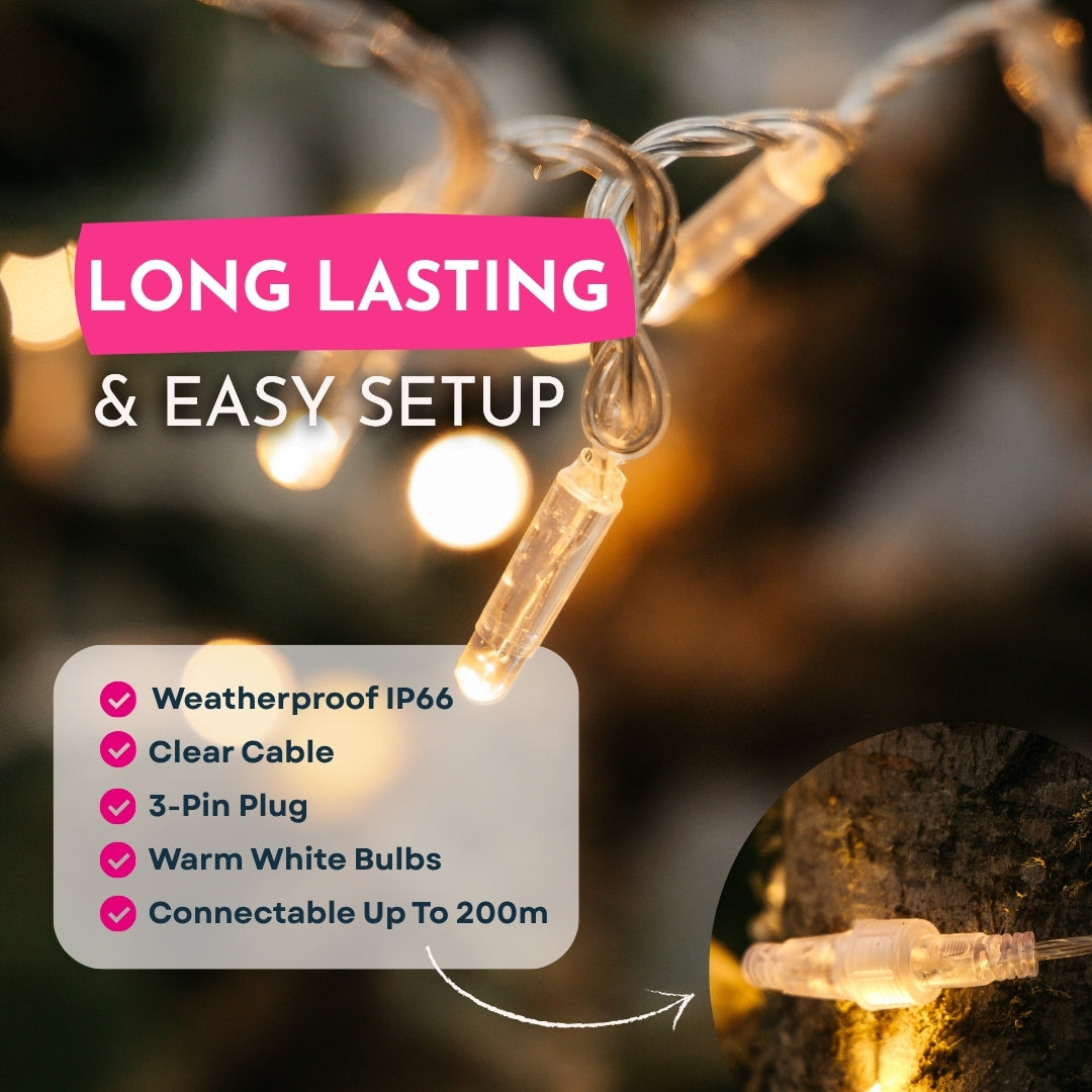 Feature graphic for Ultimate Clear Fairy Lights listing IP66 weatherproof, 100 warm white LEDs, clear cable, direct plug-in, and connectable up to 200m with long lasting and easy setup callout