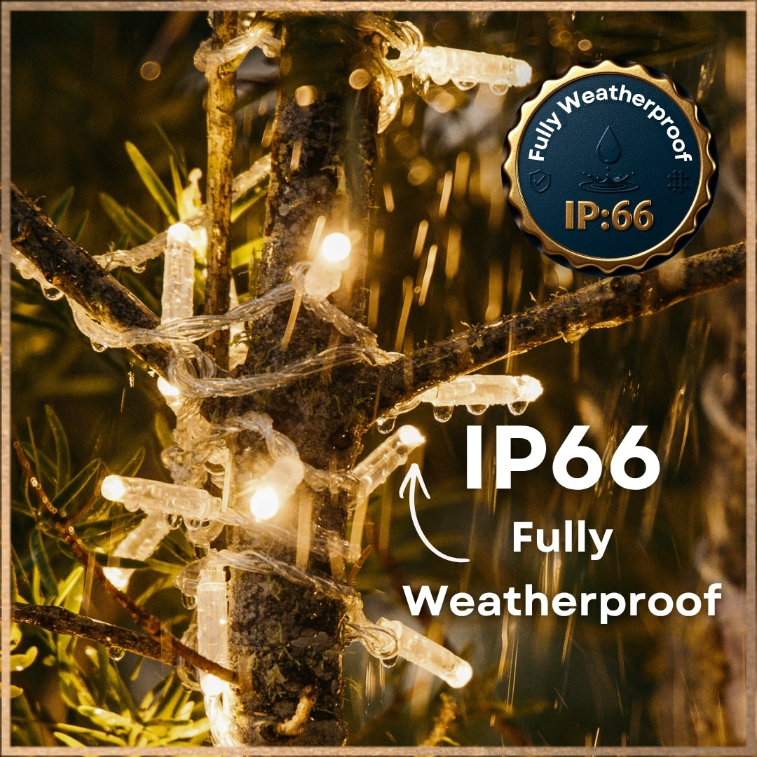 Ultimate Clear Fairy Lights glowing warm white in heavy rain with IP66 fully weatherproof badge and callout