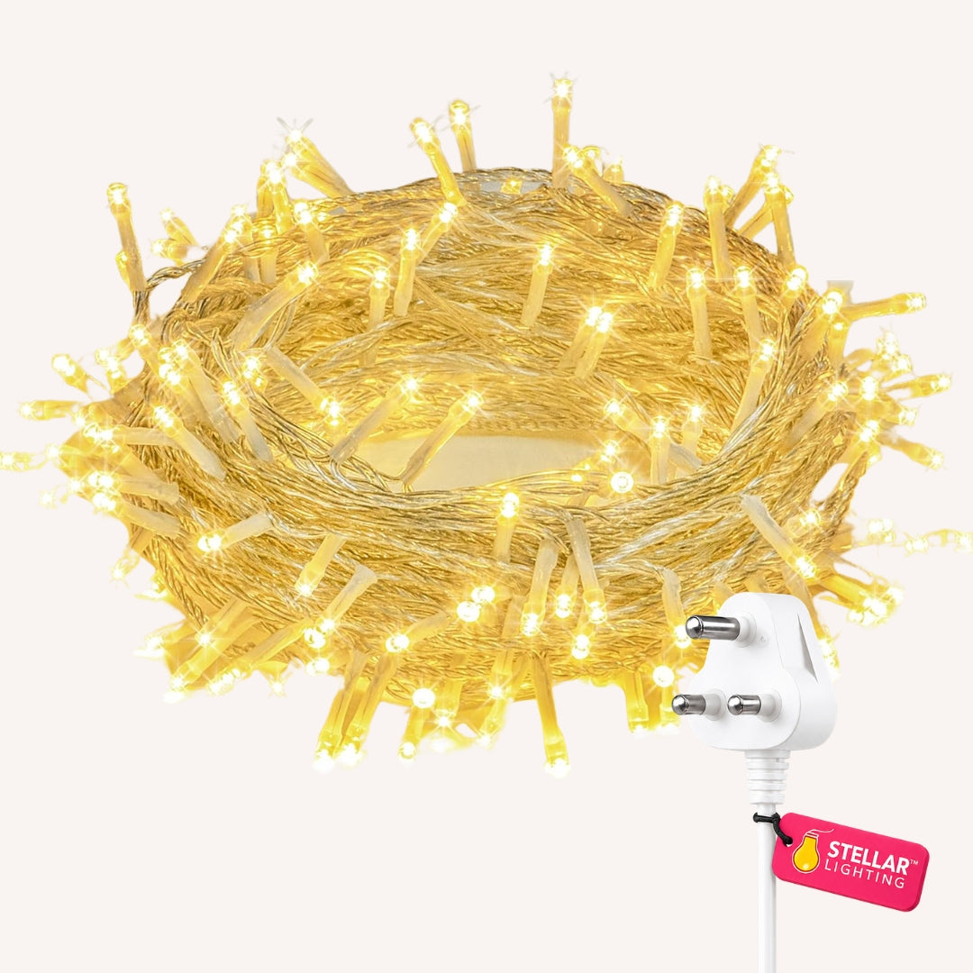Ultimate Clear Fairy Lights flat lay showing 100 warm white LEDs on clear cable with South African plug on a light background