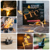 A collage showing clear string fairy lights with warm white LED bulbs, including the retail box labeled Stellar Lighting, the plug, the light reel, and several lifestyle scenes of the lights draped outdoors and indoors.