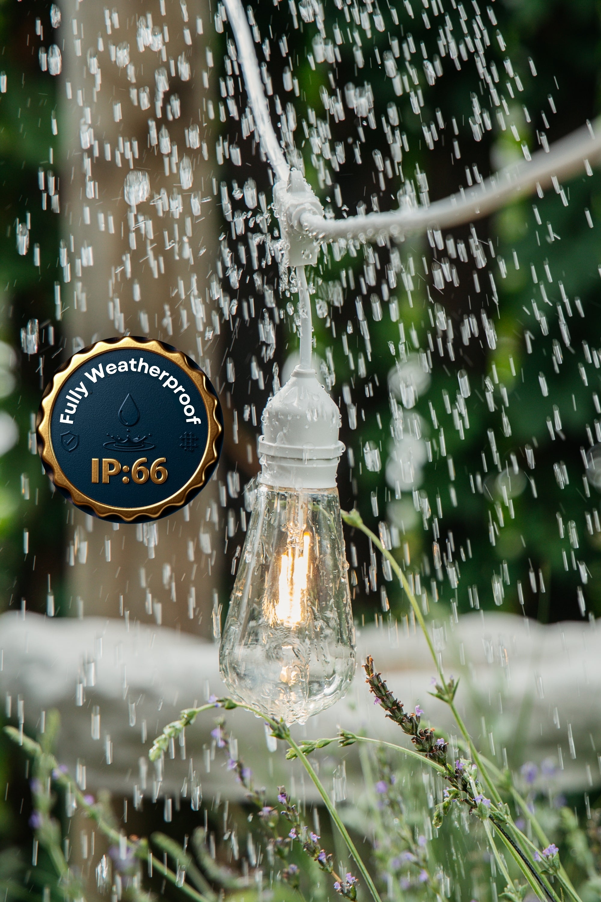A clear glass outdoor light bulb hanging from a white cord, shown with water droplets spraying around it to demonstrate weatherproofing. A gold and navy badge on the left reads 'Fully Weatherproof IP:66'.