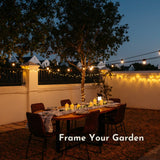 Ultimate Dark Green Fairy Lights with 100 warm white LEDs on dark green cable creating a warm continuous glow across a styled South African outdoor garden space at night