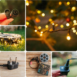 Collage showing Ultimate Dark Green Fairy Lights product box alongside dark green cable with 100 warm white LEDs, South African 3-pin plug, and styled outdoor installation