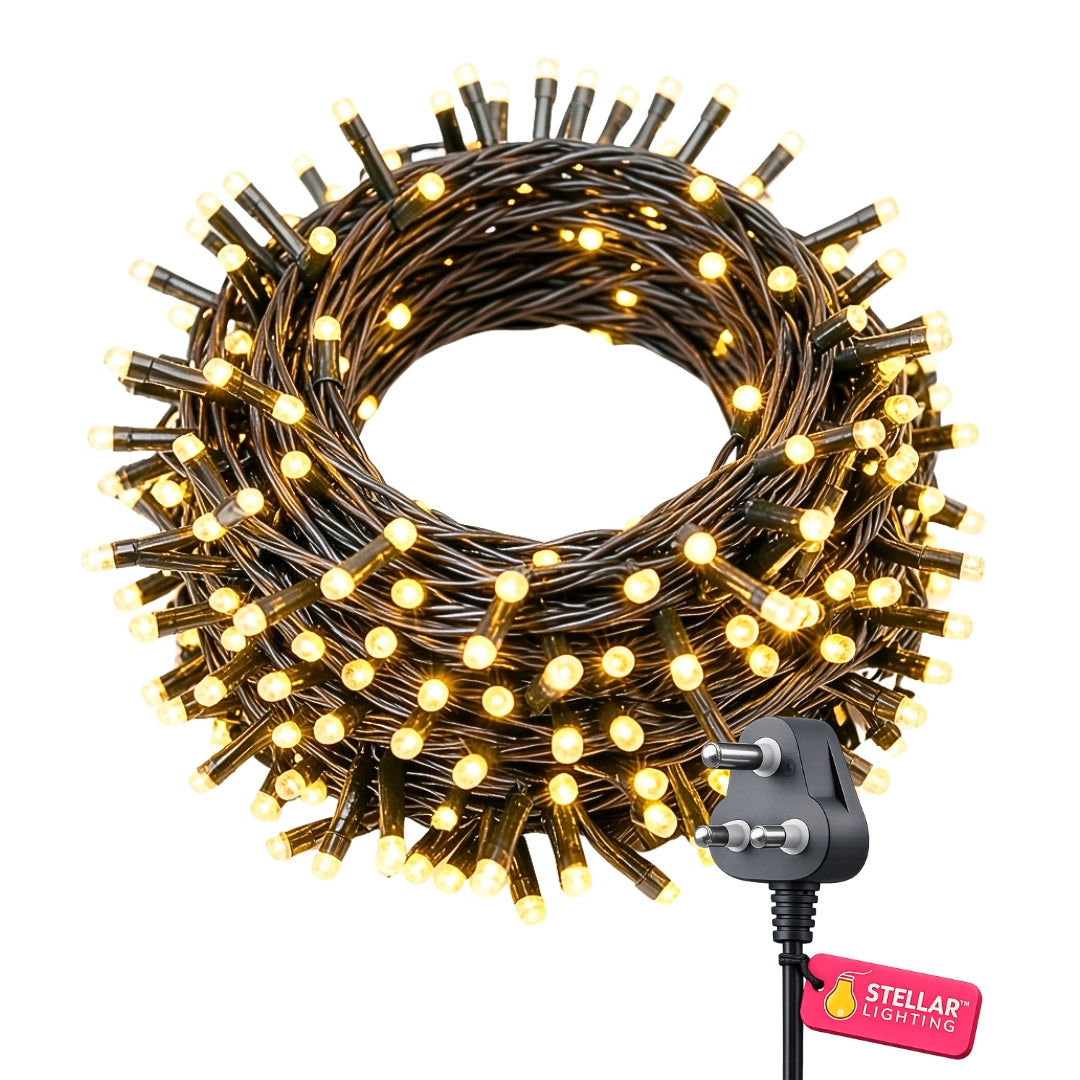 Ultimate Dark Green Fairy Lights flat lay showing 100 warm white LEDs on dark green cable with South African plug on a light background