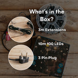 What's in the box collage for Ultimate Dark Green Fairy Lights showing dark green cable with 100 warm white LEDs, South African 3-pin plug, and included accessories