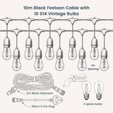 Diagram showing the 10-bulb layout of Ultimate Drop String Lights with 1m spacing between each bulb, 3-pin plug, spare bulbs, and 2m extension.