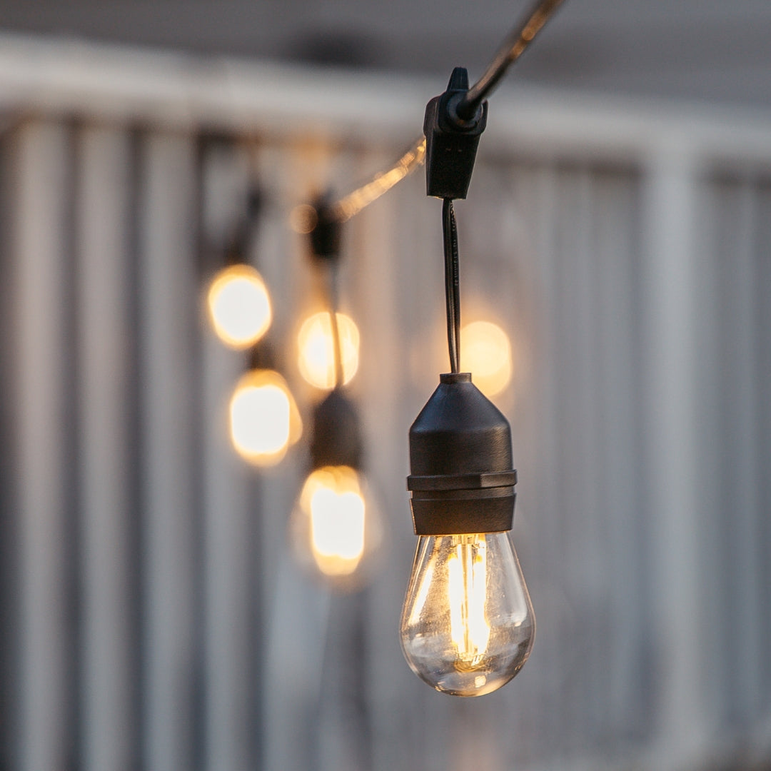 Ultimate Drop String Lights, 10-bulb version, individually suspended S14 bulbs strung outdoors at 1m spacing
