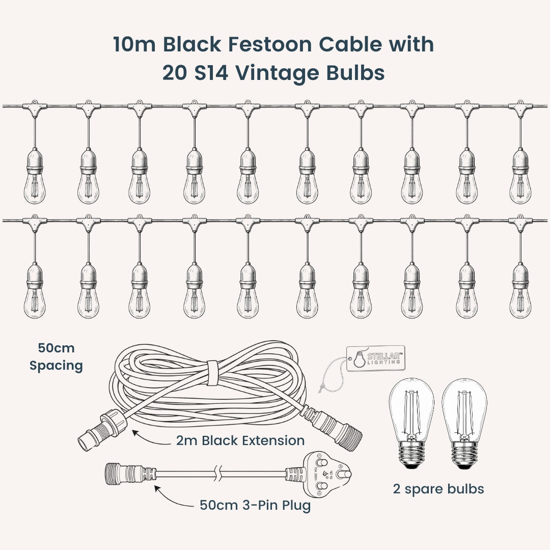Diagram showing the 20-bulb layout of Ultimate Drop String Lights with 50cm spacing between each bulb, 3-pin plug, spare bulbs, and 2m extension.