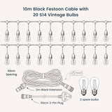 Diagram showing the 20-bulb layout of Ultimate Drop String Lights with 50cm spacing between each bulb, 3-pin plug, spare bulbs, and 2m extension.