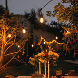 Ultimate Drop String Lights paired with fairy lights in an outdoor garden setting