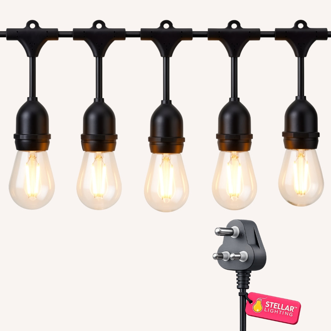 Ultimate Drop String Lights laid flat on white background showing the full cable run, 3-pin plug, and Stellar Lighting branded tag
