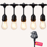 Ultimate Drop String Lights laid flat on white background showing the full cable run, 3-pin plug, and Stellar Lighting branded tag