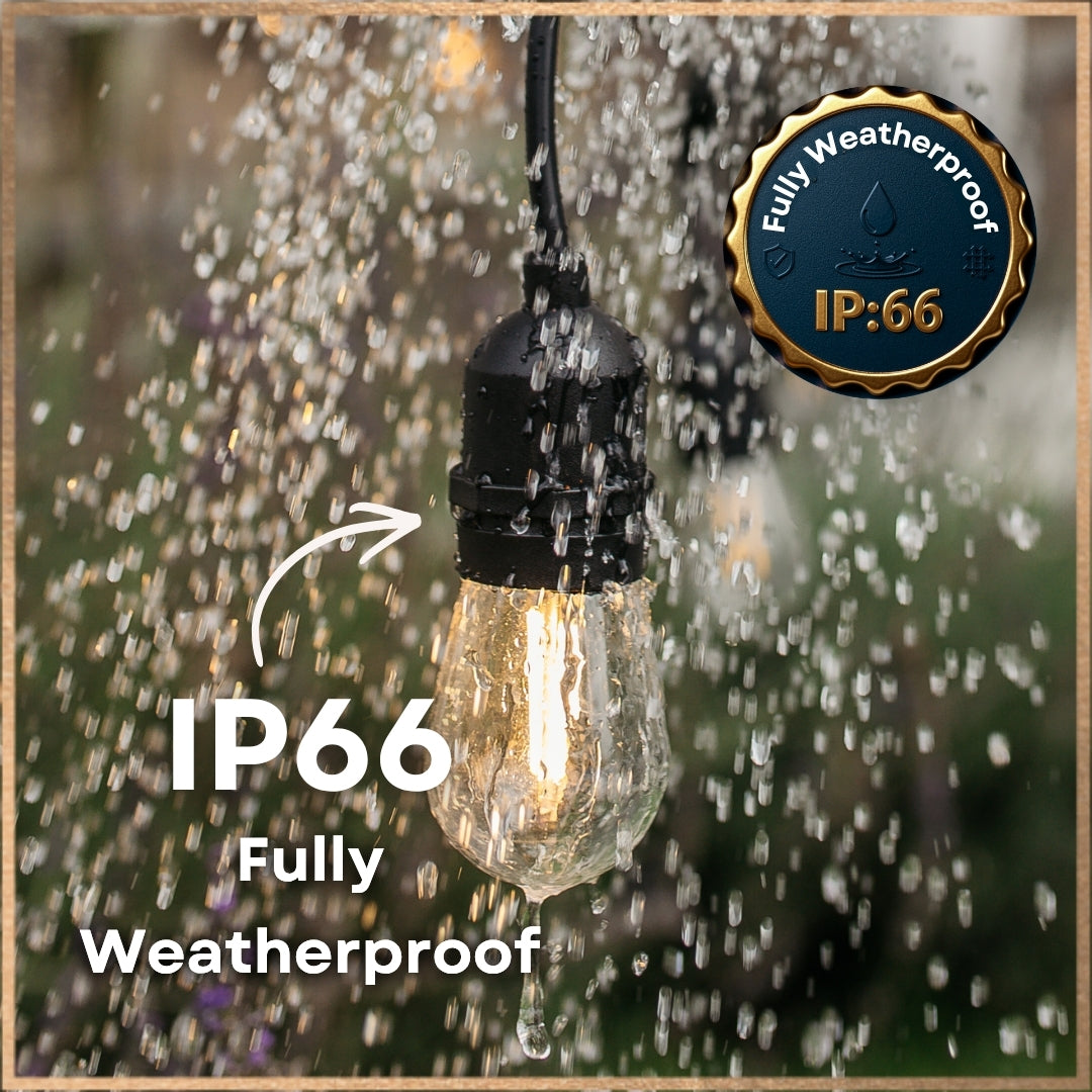 Weatherproof light bulb with raindrops and IP66 rating label