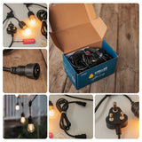 Technical product diagram showing a 10m black festoon cable with 10 S14 vintage-style light bulbs. The diagram includes labels for 50cm spacing, a 2m black extension cord, a 50cm 3-pin plug, and 2 spare bulbs.