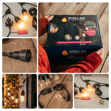 Flatlay collage of Ultimate Drop String Lights contents including S14 bulbs, extension cable, plug, and drop string