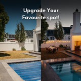 Split image showing the same South African garden and pool area in daylight and at dusk lit with Ultimate Festoon String Lights and outdoor dining setup