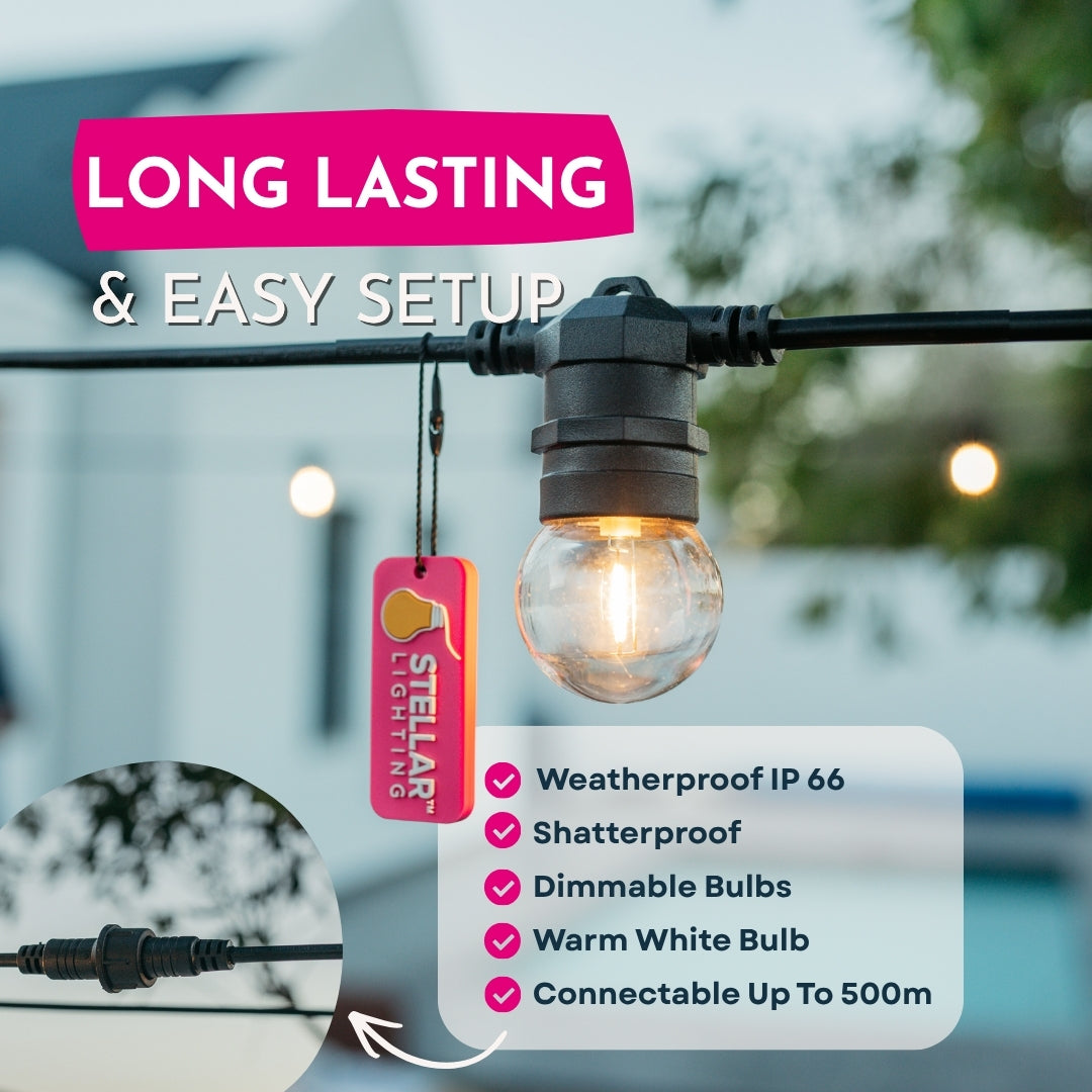 Feature graphic for Ultimate Festoon String Lights listing IP66 weatherproof, shatterproof, dimmable, warm white, and connectable up to 500m with long lasting and easy setup callout