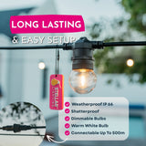 Feature graphic for Ultimate Festoon String Lights listing IP66 weatherproof, shatterproof, dimmable, warm white, and connectable up to 500m with long lasting and easy setup callout