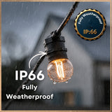 Ultimate Festoon String Lights G45 globe bulb glowing warm white in heavy rain with IP66 fully weatherproof badge and callout