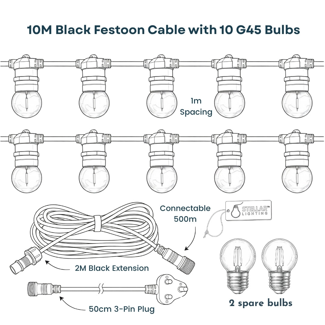 Technical line drawing of Ultimate Festoon String Lights showing 10m black cable with 10 G45 retro bulbs at 1m spacing, 2m black extension cable, 50cm South African 3-pin plug, connectable up to 500m callout, and 2 spare bulbs