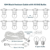 Technical line drawing of Ultimate Festoon String Lights showing 10m black cable with 10 G45 retro bulbs at 1m spacing, 2m black extension cable, 50cm South African 3-pin plug, connectable up to 500m callout, and 2 spare bulbs